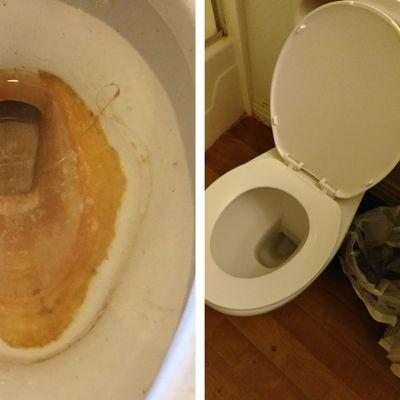 toilet with scale, before and after, satisfied customer :)