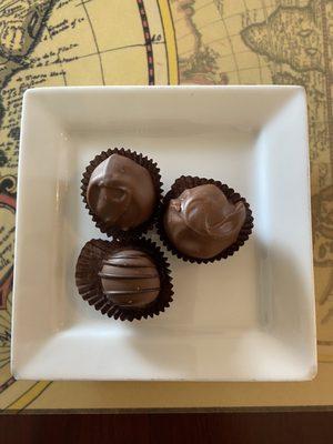 Peanut butter, vanilla, and caramel truffles.