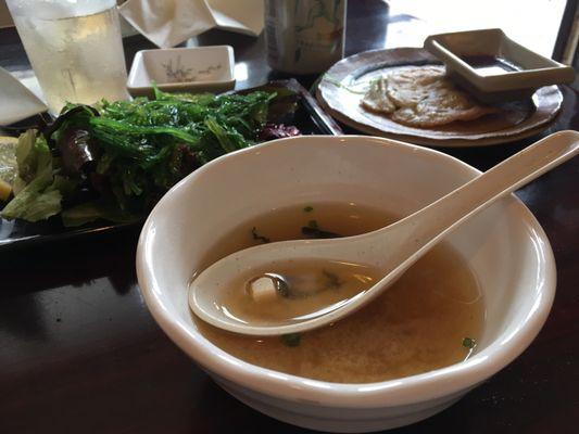 Complimentary miso soup and seafood pancake! Yummy!