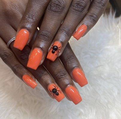 Halloween Nails - Spider made using black rhinestones and thin tip gel polish for the legs