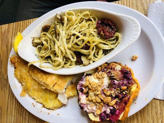 Pan fried walleye with pesto pasta & butternut squash