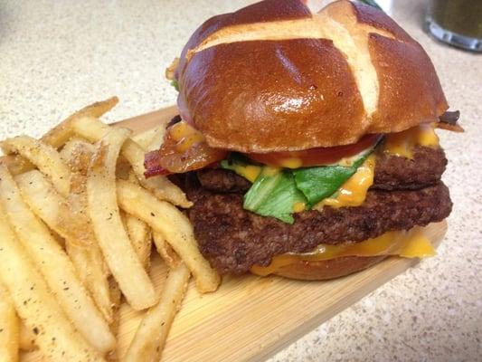 YUM!!  The new Pretzel Double Cheddar burger with hot yummy fries!!  WHAT!?