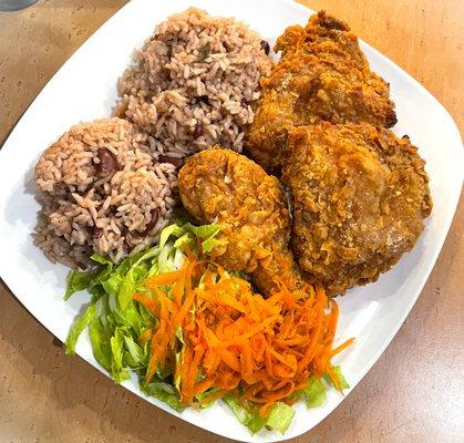 Fried Chicken, Rice & Beans with fresh salad