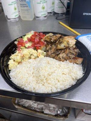 BBQ pork white rice potato salad and green salad