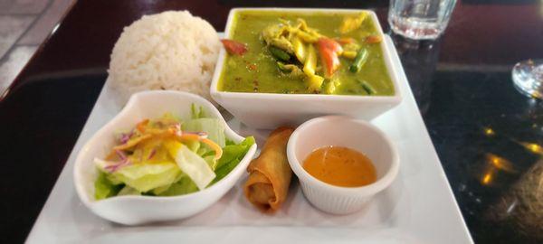 Green Curry with chicken, bamboo,  green bean and bell peppers.