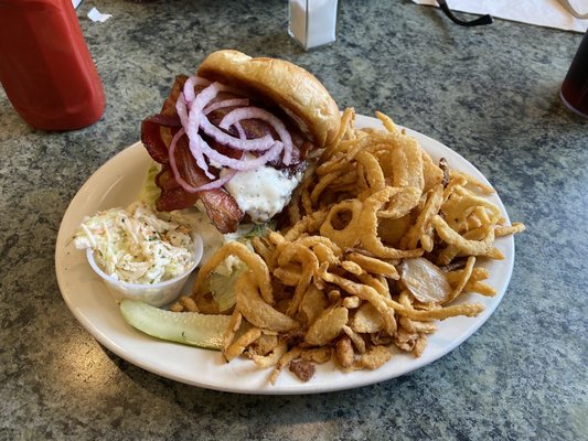 Black and bleu burger with onion rings