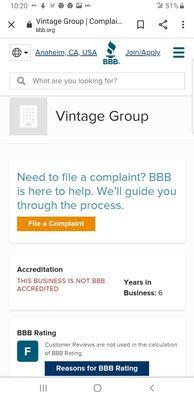 Vintage Group Property Management has an "F" rating with the Better Business Bureau