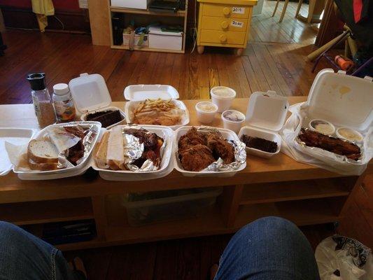 Tons of yummy food, ribs, chicken, shrimp, fries, mac & cheese, bread pudding and more...only $50! Enough for 8 people at least!