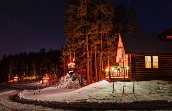 Cabin lit up for Holidays