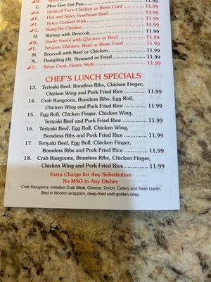 Chef's lunch special menu