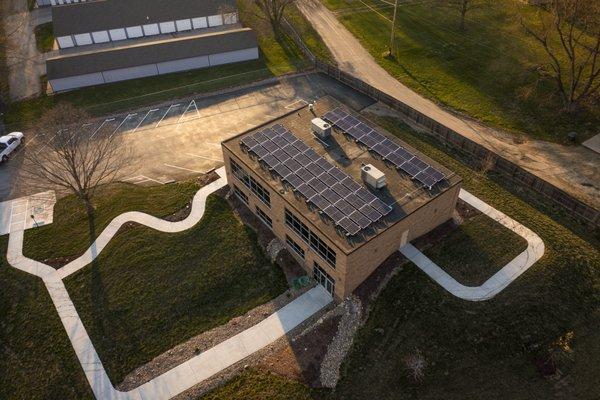 Aerial shot of our main office highlighting the solar we installed in 2019.