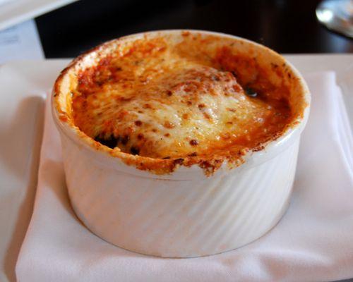 Eggplant Rollatini stuffed with parmesan and ricotta cheeses, spinach and roasted red peppers