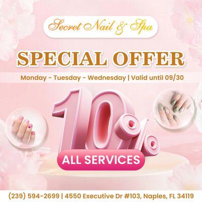 SPECIAL OFFER 

 Labor Day is coming! Treat yourself to a little extra sparkle with our fabulous discount at Secret Nail and Spa!