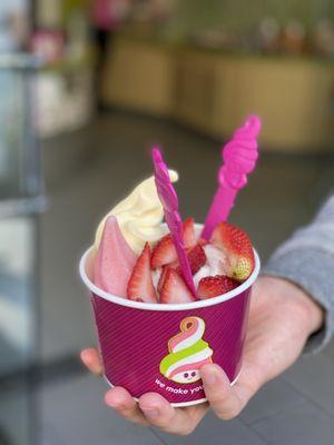 Menchie's froyo and strawberry toppings! Dole whip, watermelon, original.