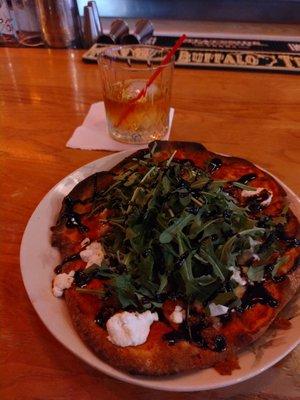 Amanda's Favorite flat bread pizza and a Berkshire bourbon on the rocks.