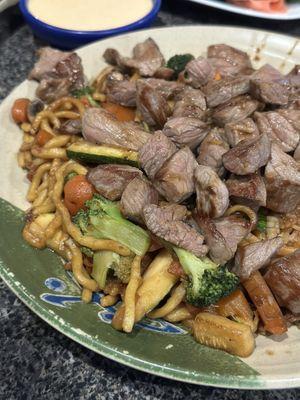 Hibachi steak with vegetables and noodles! Delicious and cooked exactly as I asked