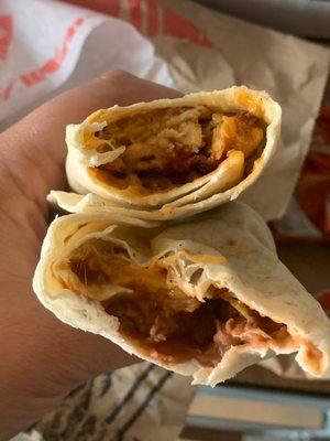 Chicken cheddar roller and a bean n cheese burrito