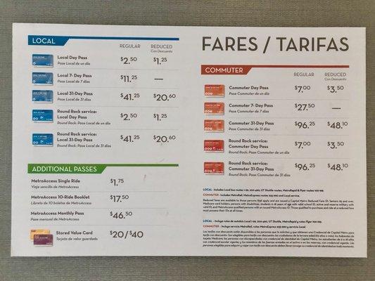 Current fare tiers as of August 2018. Half-priced tickets require additional documentation of eligibilty, possibly a CapMetro ID.