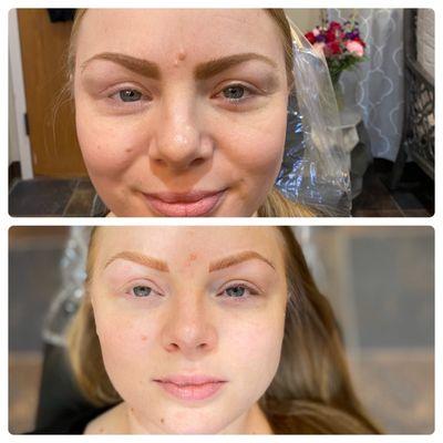 Brow transformation! Clients drawn in brows above and clients brows after microshading below.