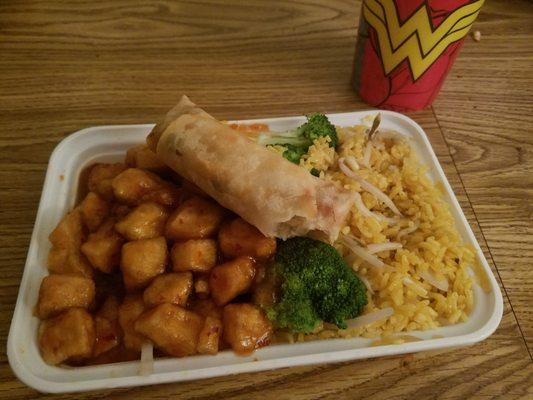 General tso's tofu, veg fried rice, and spring roll