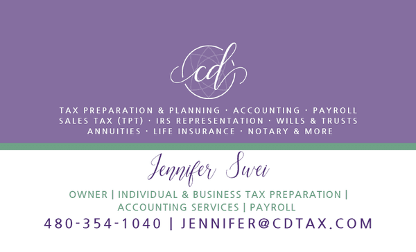 Jennifer Swei, Accountant, Tax Preparer, and Owner Business Card