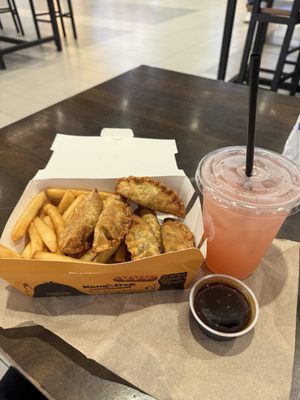 Vegetable dumplings and fries combo with teriyaki sauce. strawberry peach lemonade