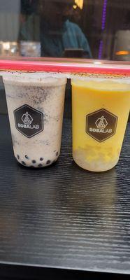 Oreo bomb and mango smoothtea with coconut jelly