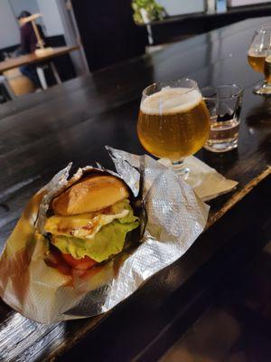 Smash burger and a beer from noble ale works