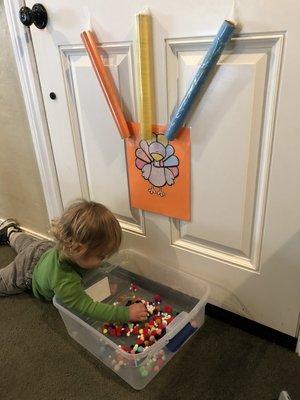 Pom-poms are a great way for kids to match and identify colors, touch and feel, and place it in the correct tube. Fun Game!