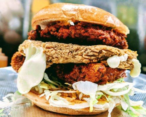 Double Patty Cayenne Chicken  with a fried cheese patty Who is up for this??