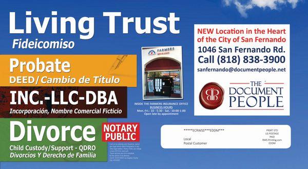 Our Living Trust/Fideicomiso postcard, sent to all San Fernando residents - Back