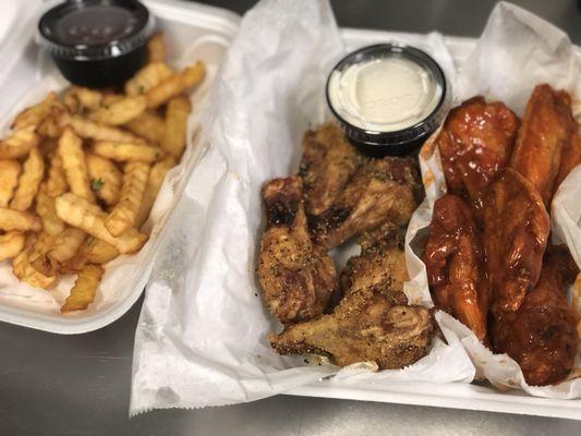 Lemon Pepper and Hot wings with side of fries