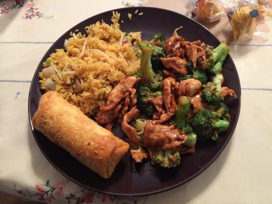 Chicken & Broccoli with pork fried rice and a pork egg roll.