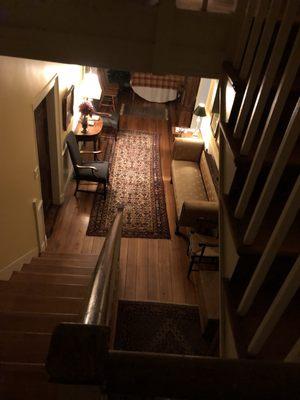 Wide and open staircase from lodging to breakfast as the scent of fresh baked muffins enticed is from our slumber...