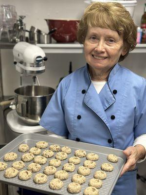 Gail baking her famous thumbprint cookies.