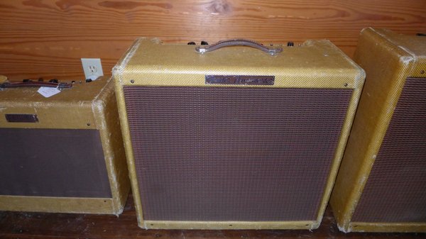 All original (except a few capacitors) 1956 Fender Bandmaster. The rarest of the tweeds. Lots of big tweeds in stock at all price points.