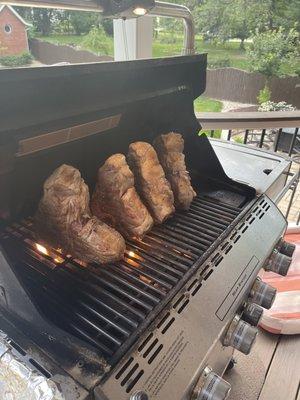 3 inch Porterhouses starting on the grill bone side up.