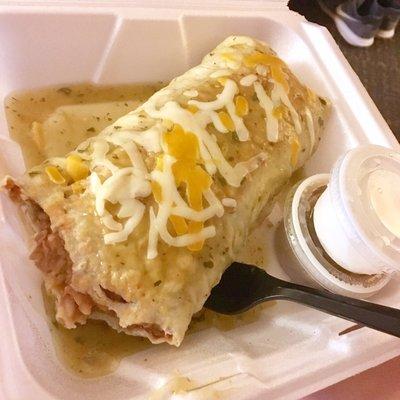 Smothered Burrito w sour cream & salsa (Salsa Verde/Green Sauce)