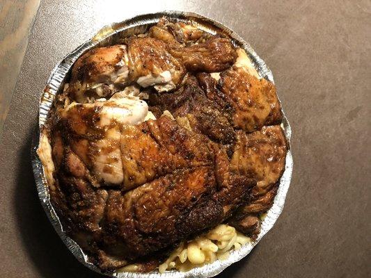 Jerk Chicken, Mac n cheese, and rice and beans