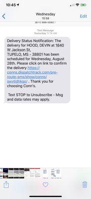 Confirmation of delivery text for 8/28/2019