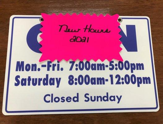 New hours for 2021!