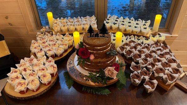 Wedding cake and cupcakes