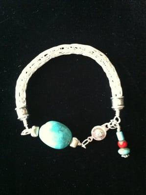 Viking Knit Bracelet made with silver wire, turquoise and coral