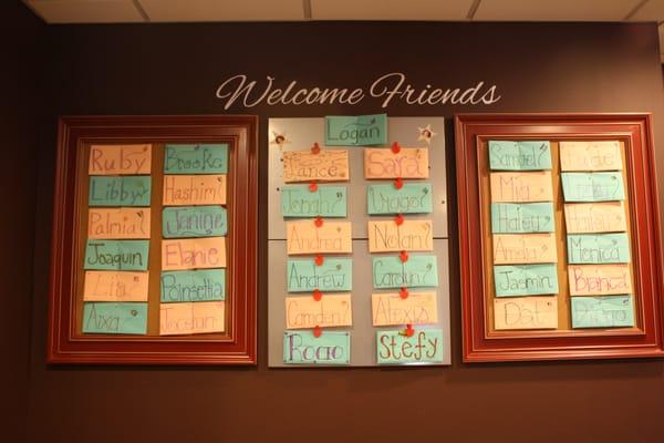 Every time your child comes in, they will have a personalized bib on our daily Friends board!