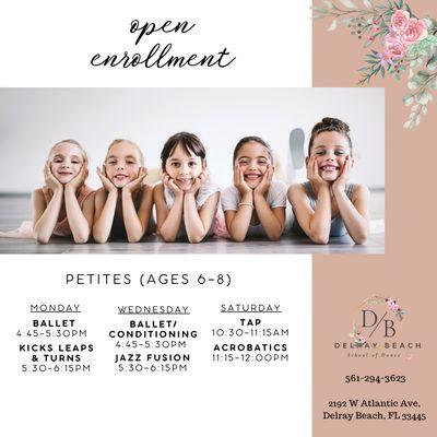 Here is our Petite schedule for the Spring Season!! 

Ages 6-8
All styles
Beginner + Advanced dancers welcome