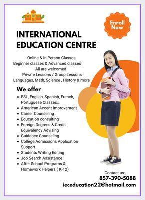 International Education Centre offers educational services online and in person. We are located in Boston Massachusetts.