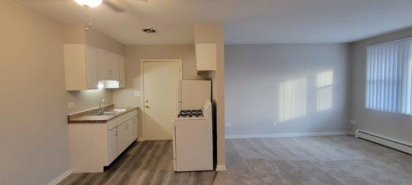 Beautiful new vinyl floor and carpet to match the light gray walls.