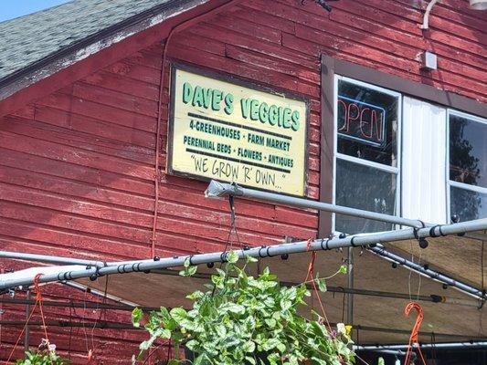 Dave's Veggies sign: 4 greenhouses, farm market, perennial beds, flowers, antique