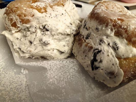 Cream filled donuts. These are stuffed full of Oreo cookies and cream filling. So delicious!