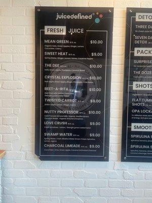 Menu of juices